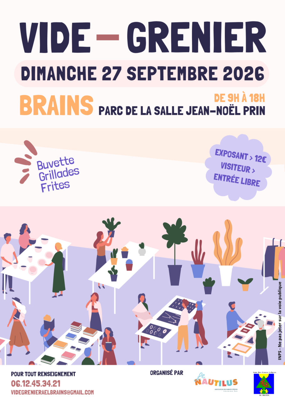 Affiche du vide-grenier de l'AELB, dimanche 27 septembre 2026, parc de la salle Jean-Noël Prin à Brains